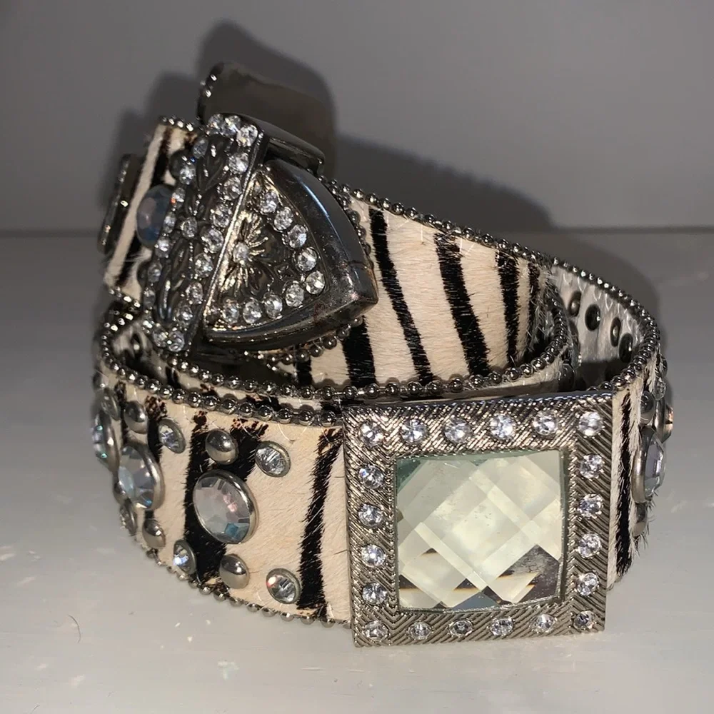 Zebra Leather Cowhide Rhinestone Western Belt Crystal Embellishment